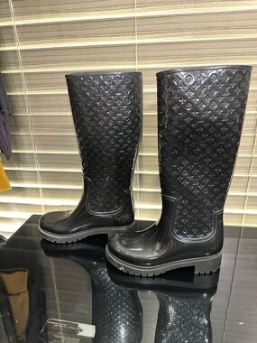 Louis Vuitton Black Embossed Tall Rain Boots
